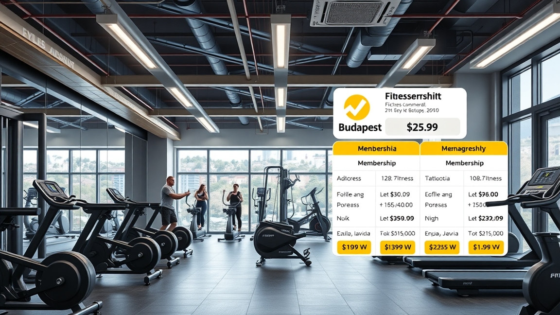 Modern fitness center in Budapest showcasing membership options and equipment.