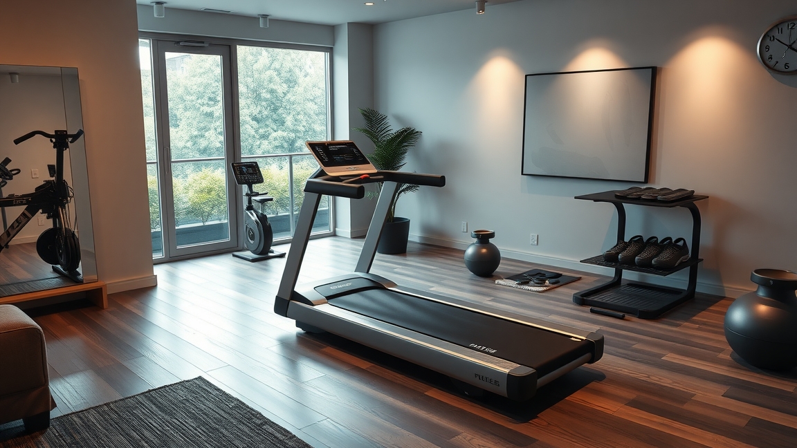 Modern fitneszpad otthoni edzéshez elegáns környezetben