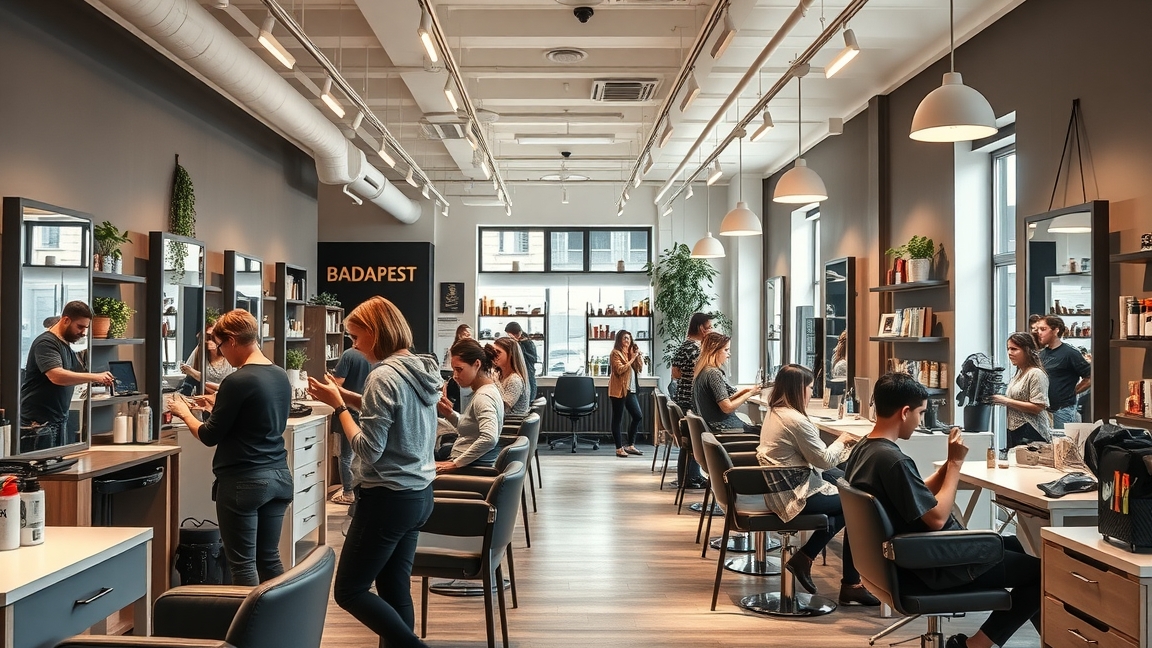 Modern fodrászszalon Budapesten, különböző frizurák készítése.