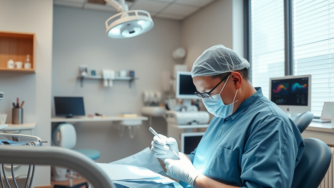 Fogorvos a rendelőben foghúzási folyamat közben.