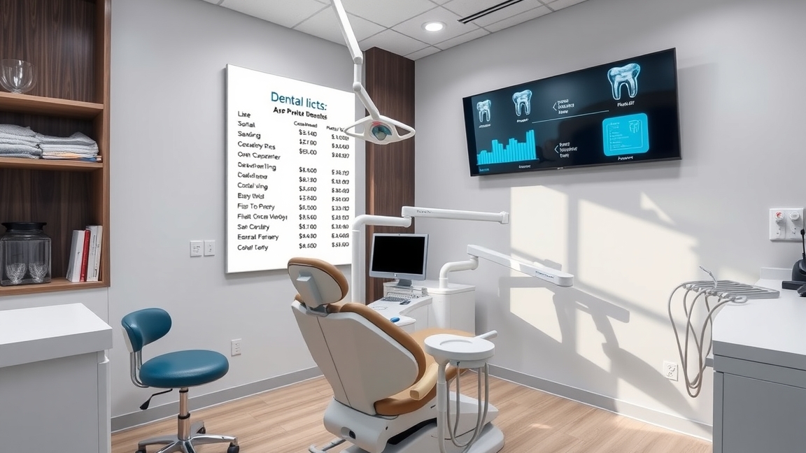 Modern fogorvosi rendelő belső tér, árlistával.