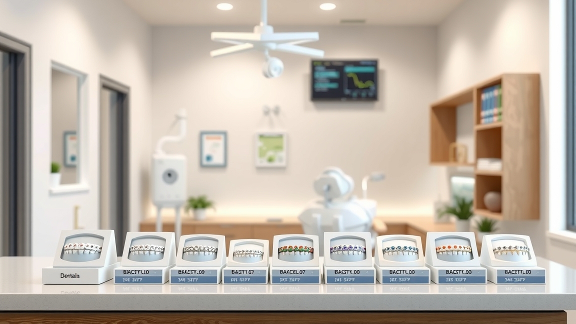 Fogszabályzók különböző típusaival rendelkező bemutatóasztal egy fogorvosi rendelőben.