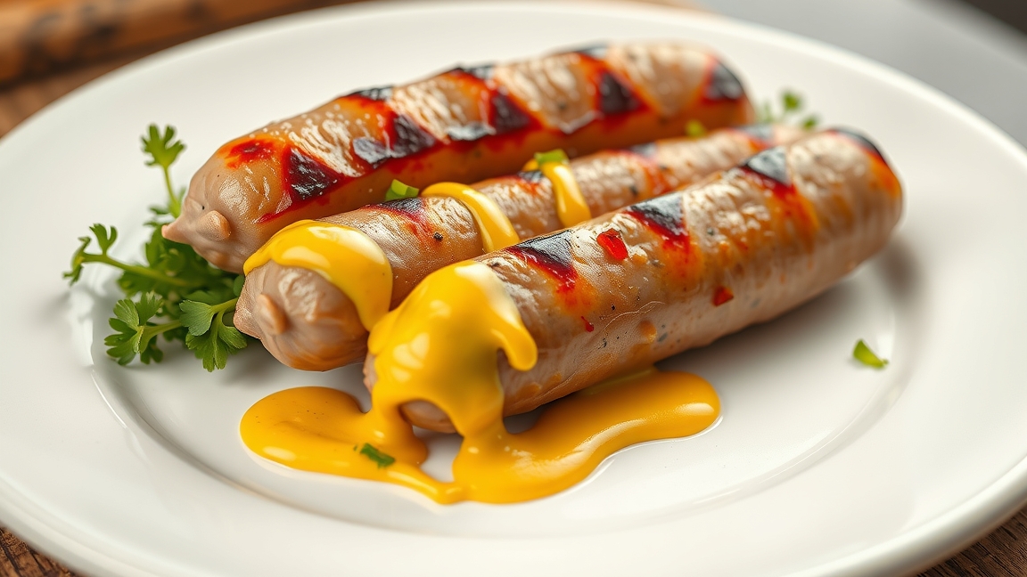 Főtt virsli mustárral és friss fűszernövényekkel tálalva