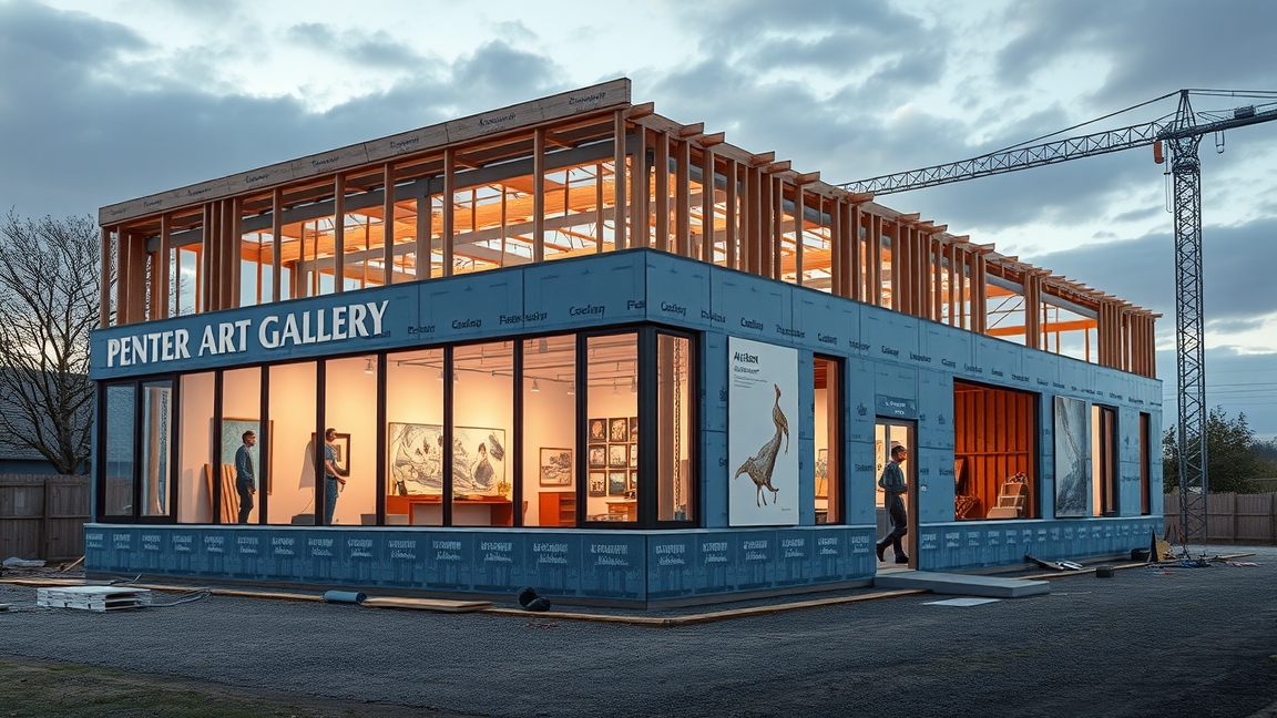 Egy galéria építése folyamatban, részben elkészült épület