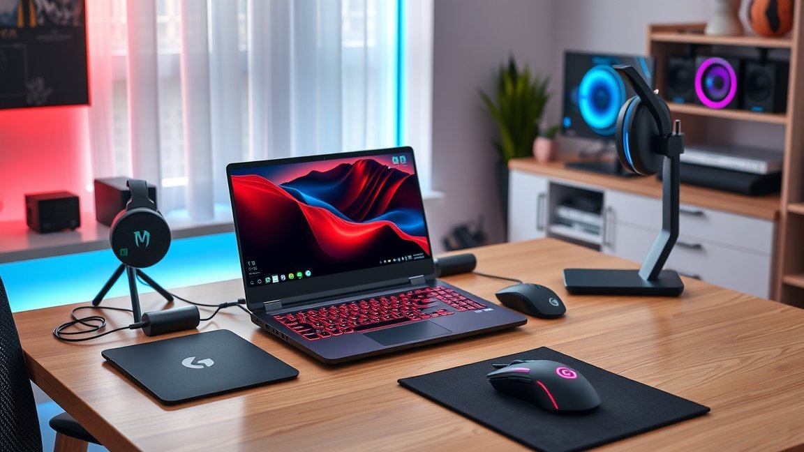 Gamer laptop és felszerelés asztalon RGB világítással