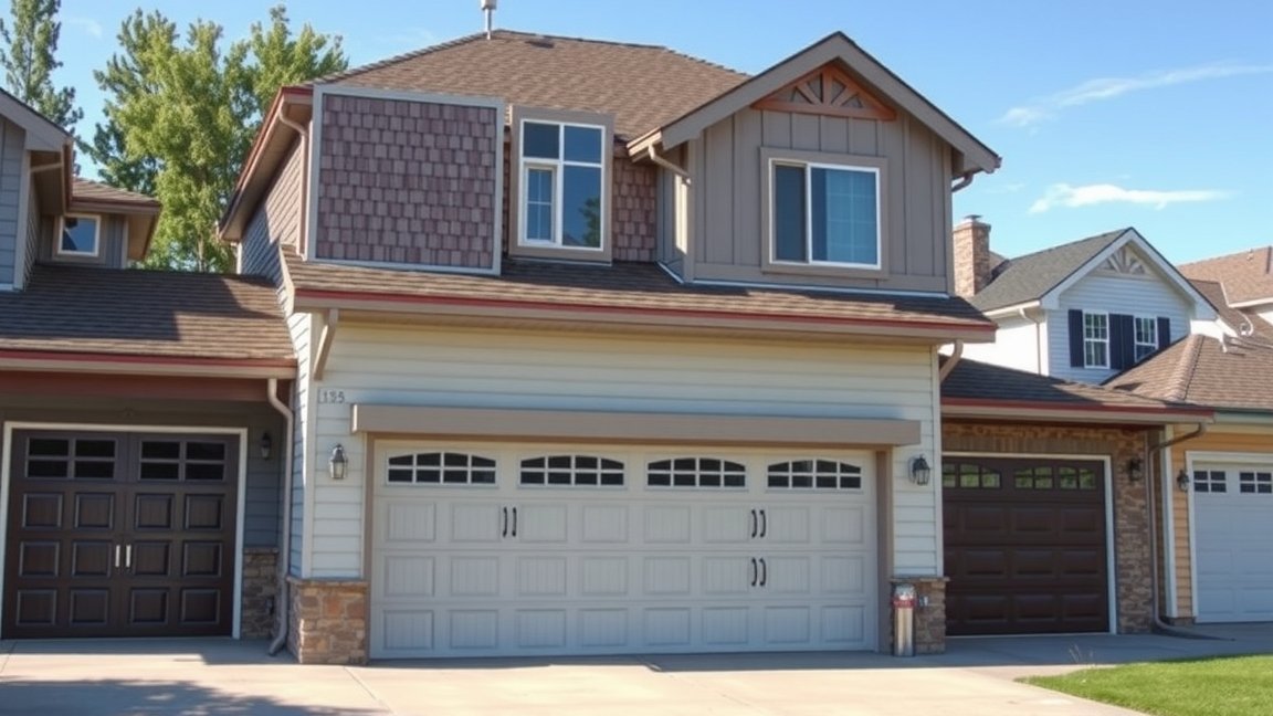 Különböző stílusú garázskapuk egy háznál.