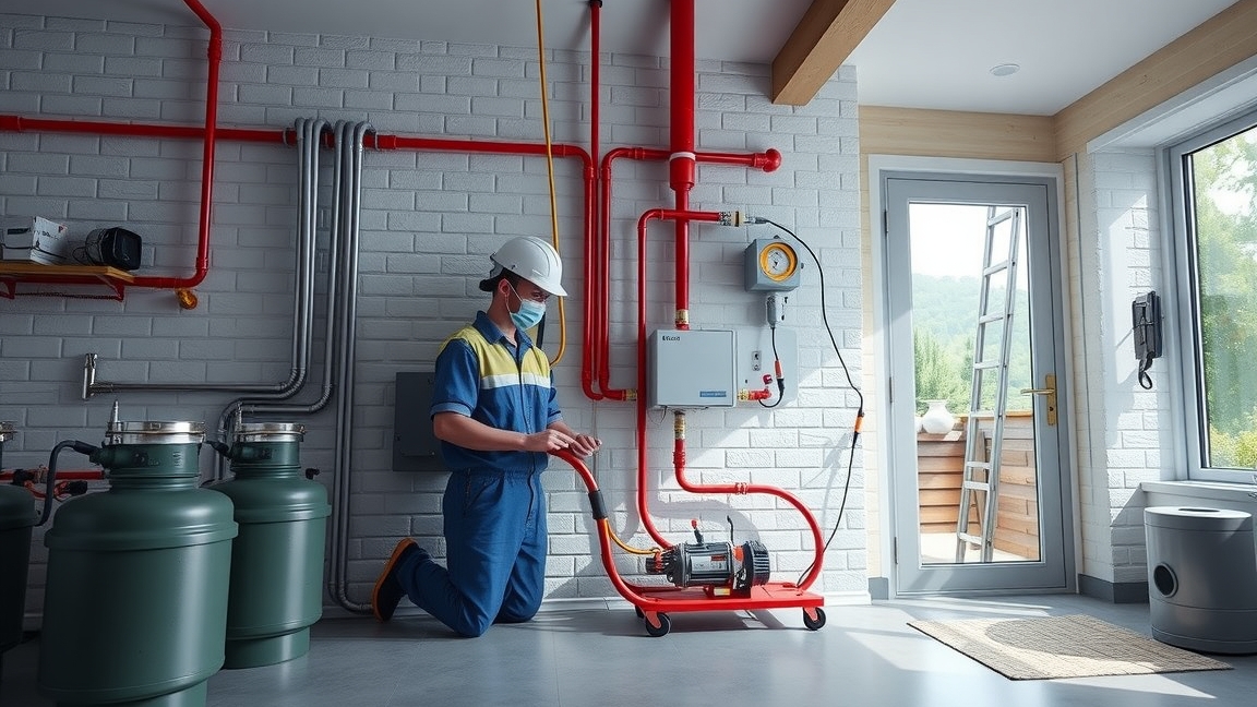 Gázbekötés szakember munkája, piros csövekkel és gáztartályokkal.