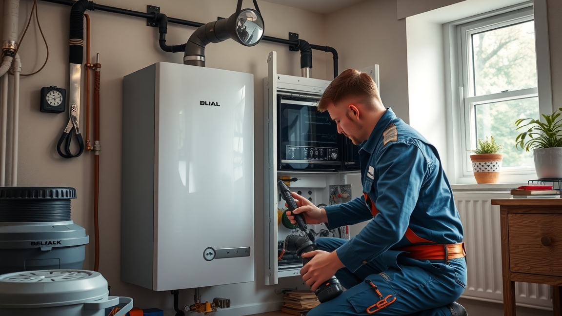 Gázkazán karbantartása szakember által otthoni környezetben