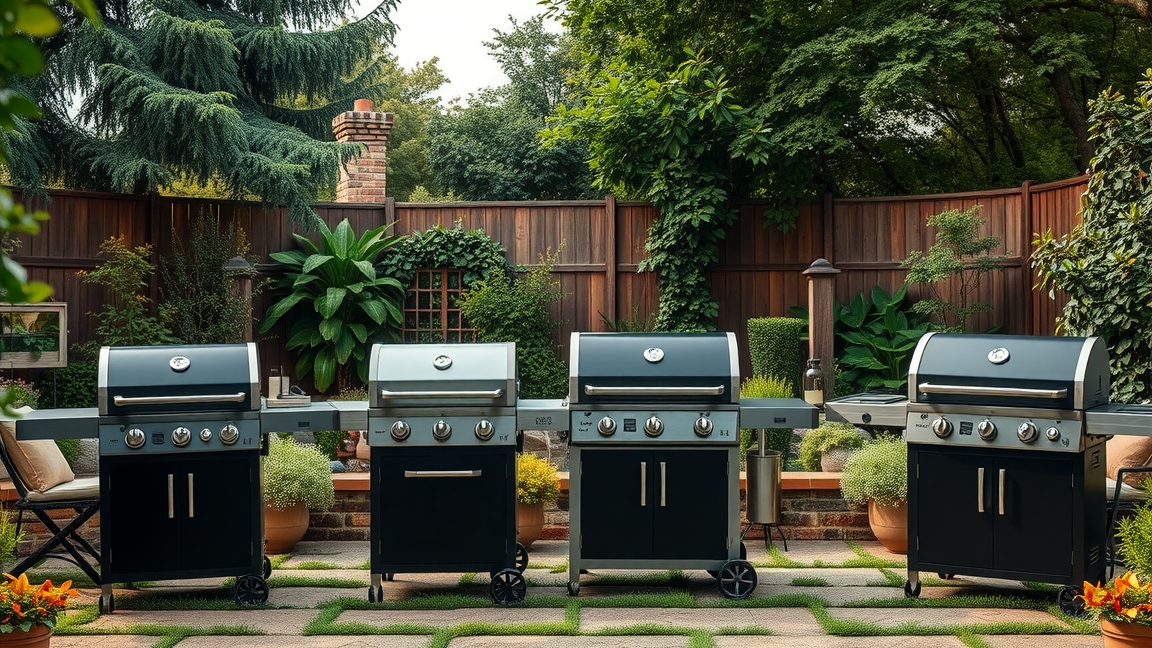 Különböző grillsütők a kertben, választási lehetőségek bemutatása.