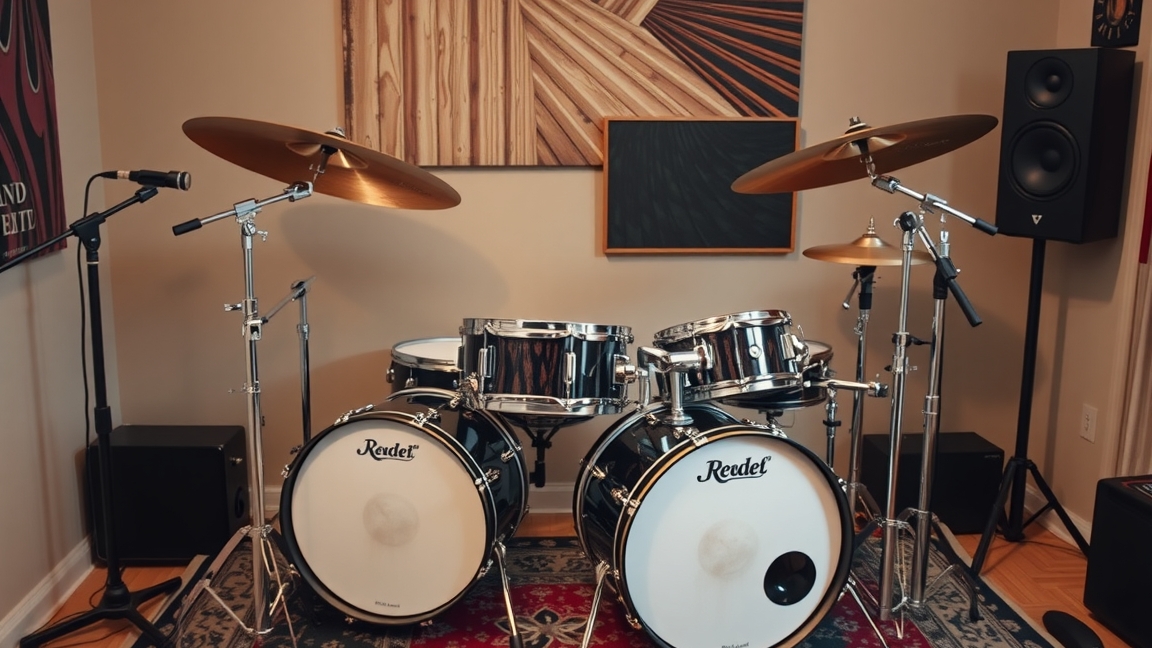 Gyakorló dob szett egy otthoni zenestúdióban