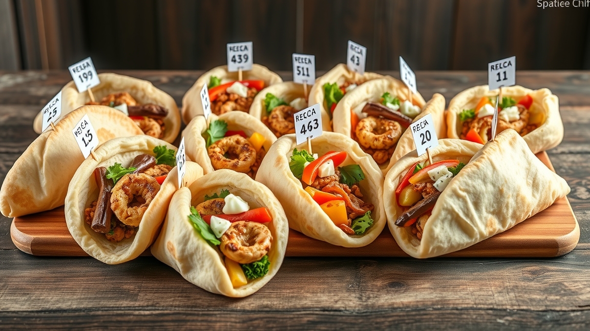 Friss gyros piták változatos töltelékkel és árkategóriák jelölésével.