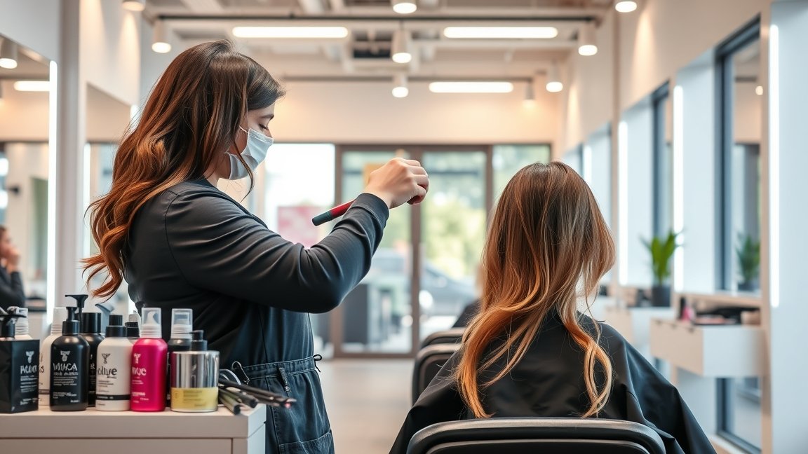 Fodrász hajfestést végez egy nőnél a szalonban.