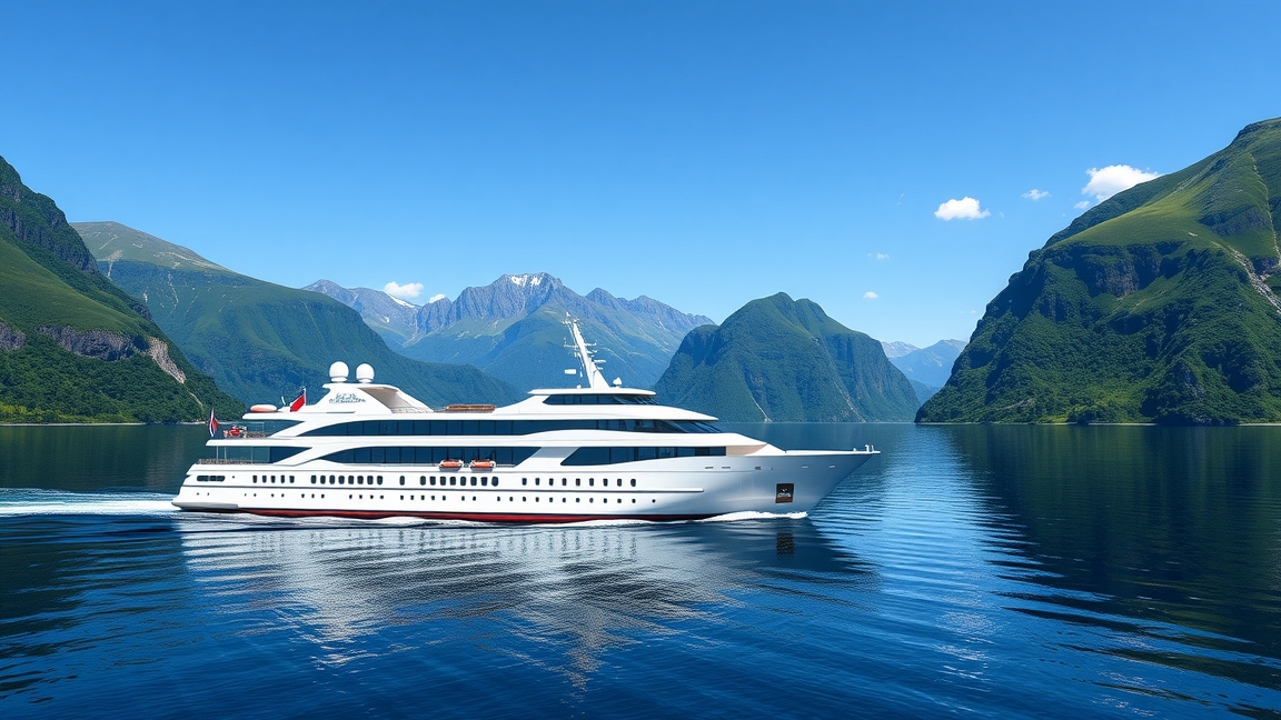 Luxus hajó Norvég fjordban, gyönyörű hegyek környékén.