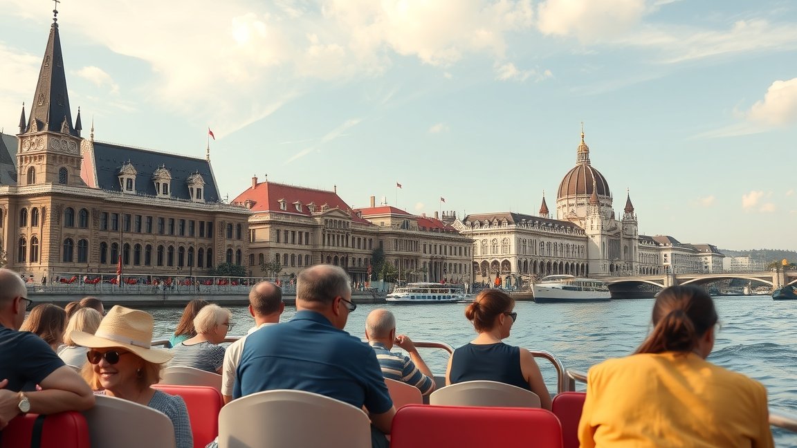 Hajós városnézés Budapest látképe, vendégekkel a hajón.