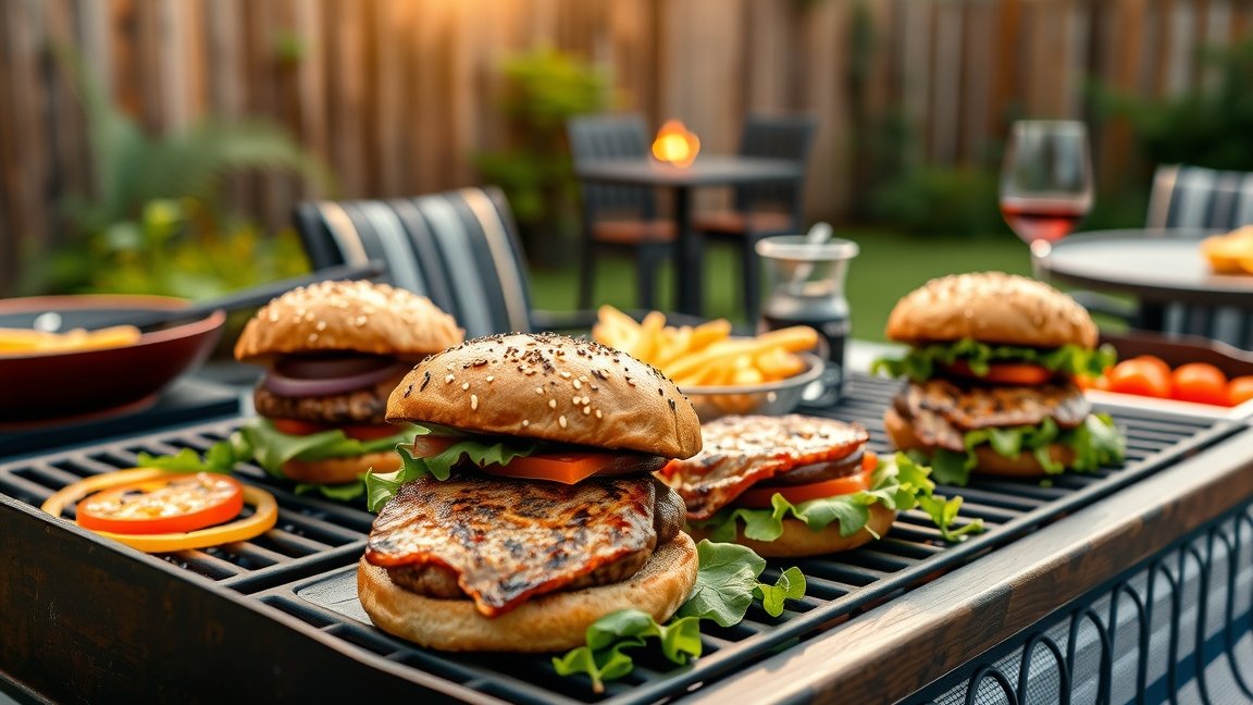 Grillparti hamburgerek és köret a kertben