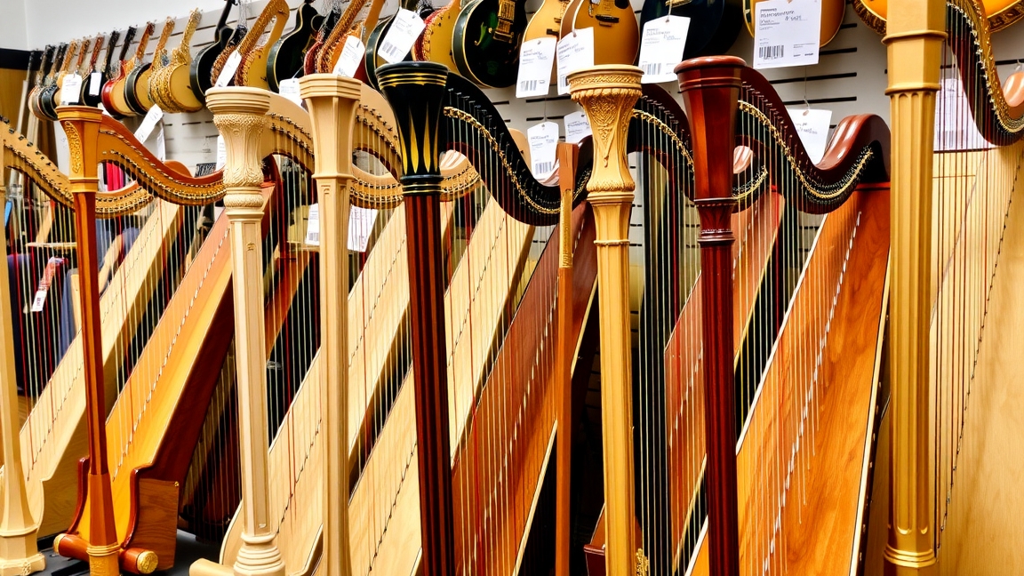 Különböző hárfák egy hangszerüzletben.