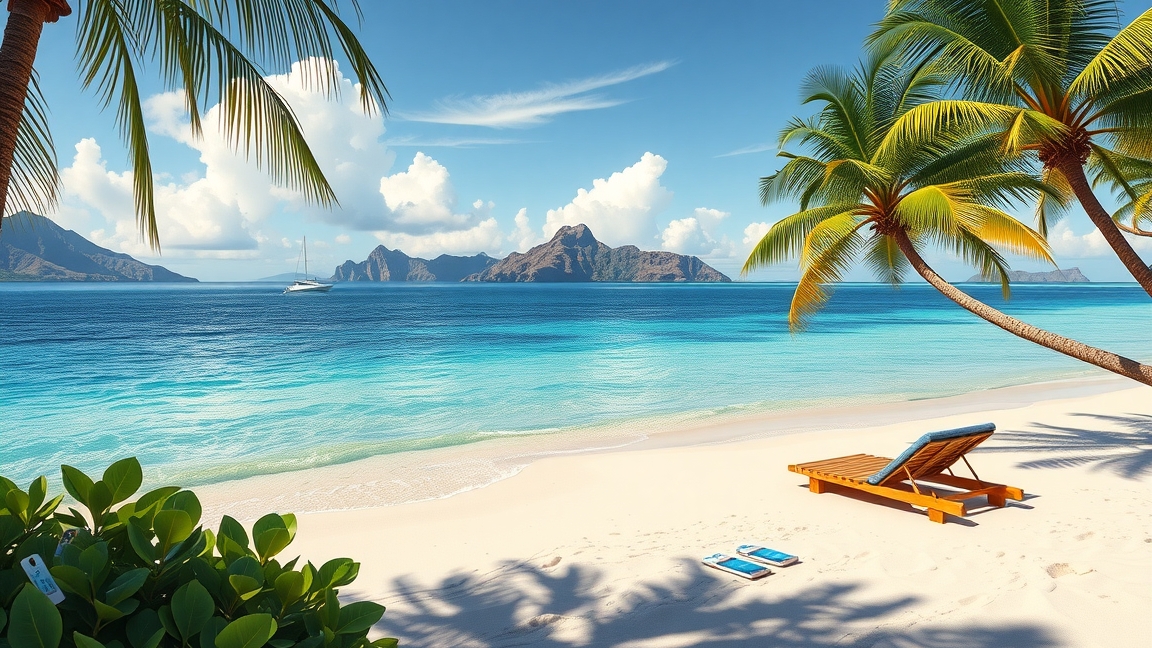 Gyönyörű hawaii tengerpart nyugágyakkal és pálmafákkal