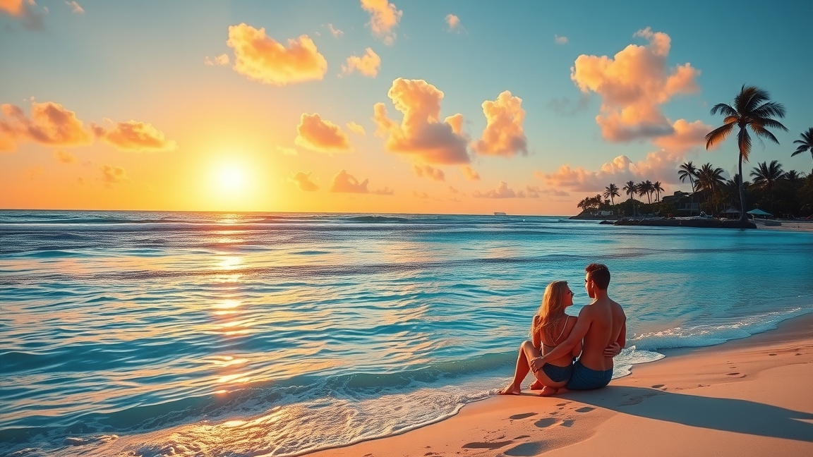 Pár a hawaii tengerparton, naplementében ülve