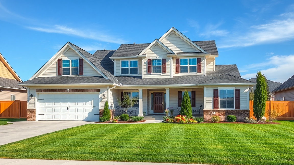 Modern amerikai családi ház zöld udvarral és garázzsal.