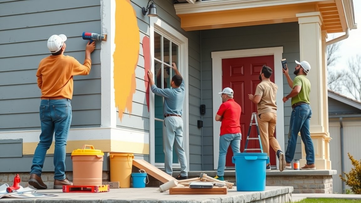 Ház külső színezése csapat munka közben, színek alkalmazása.