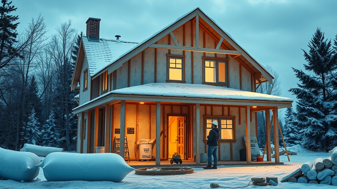 Ház szigetelés alatt téli környezetben, munkás a területen.