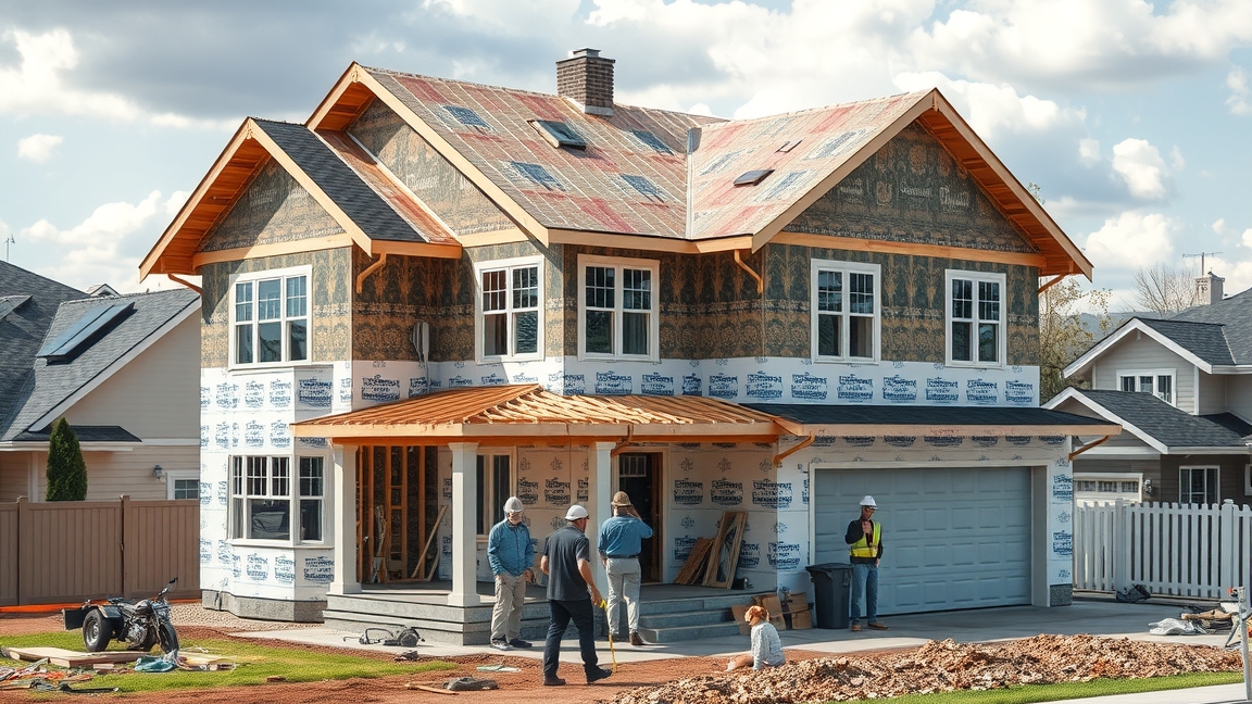 Építés alatt álló ház, munkásokkal a helyszínen.