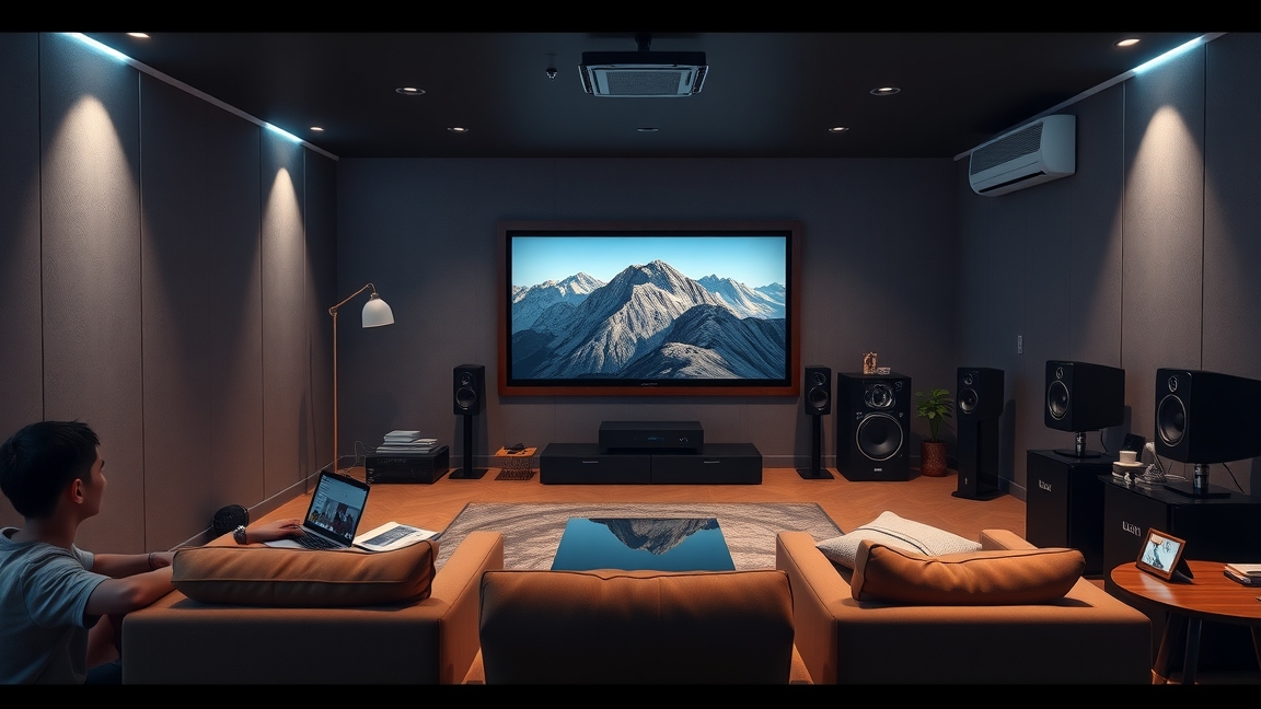 Modern házimozi rendszer otthonos környezetben.