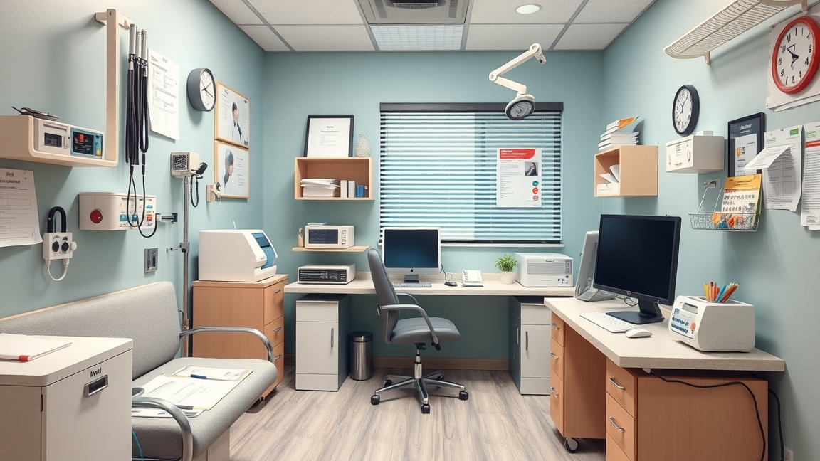 Háziorvosi rendelő belső tér, modern orvosi eszközökkel.