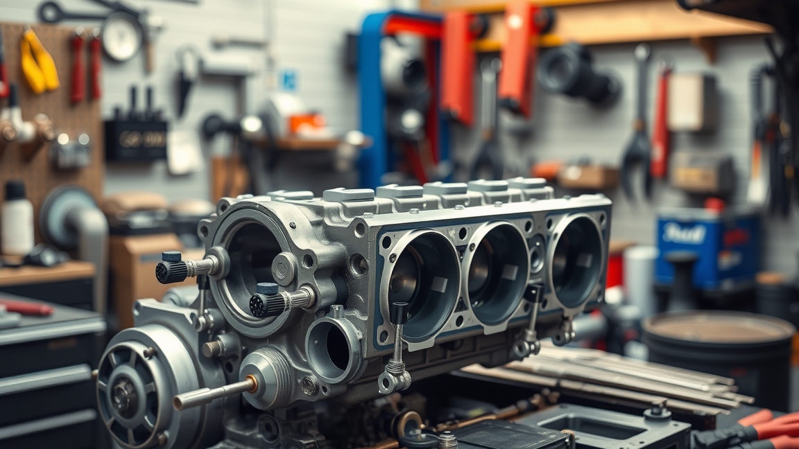 Felújított hengerfej az autószerelő műhelyben