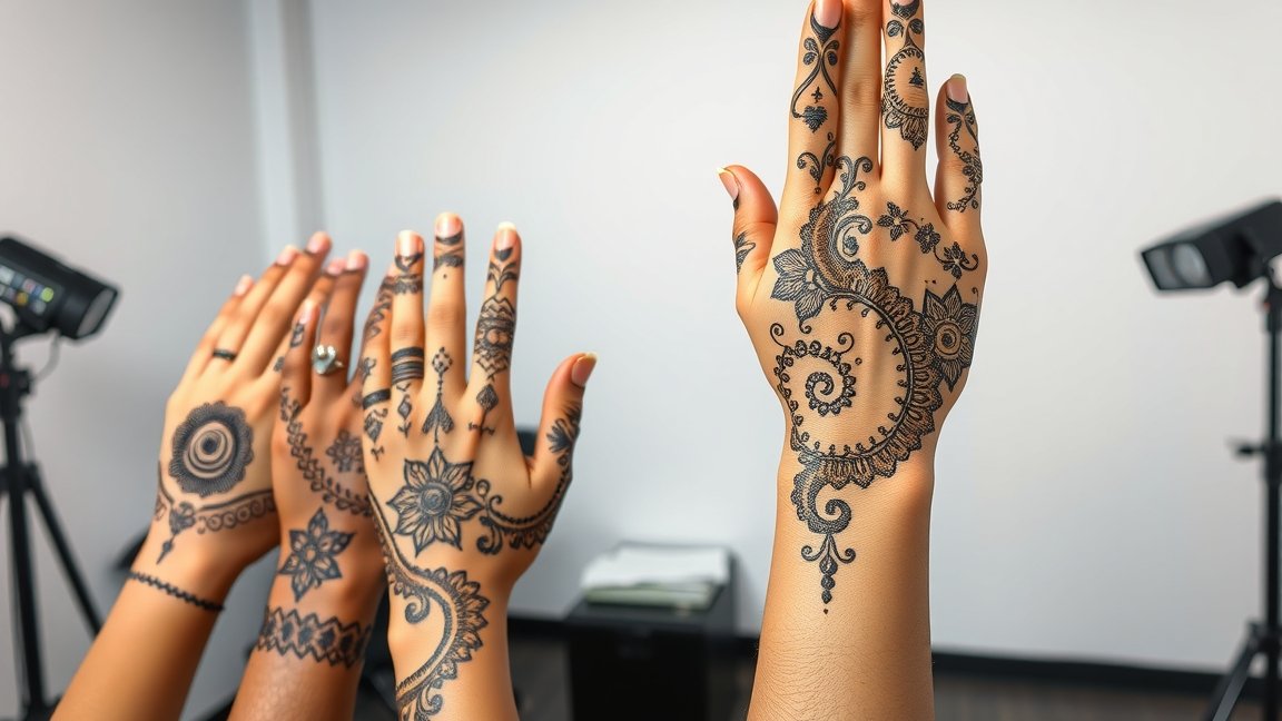 Henna tetoválás különböző mintákkal a kezeken