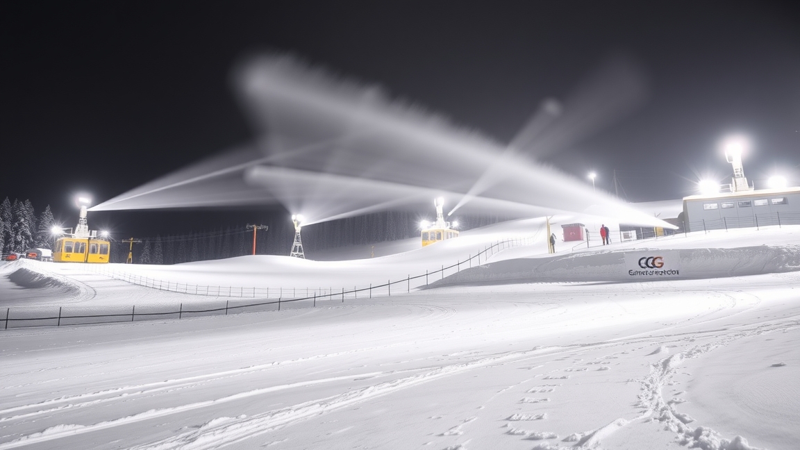 Hóágyúzás a sípályán éjszaka, havas táj és világító berendezések.
