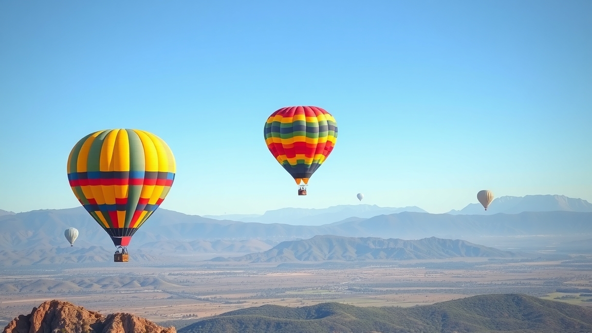 Színes hőlégballonok a hegyek felett, szép tájjal