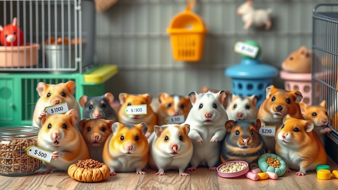 Hörcsögök különböző árakkal és élelemmel egy ketrecben