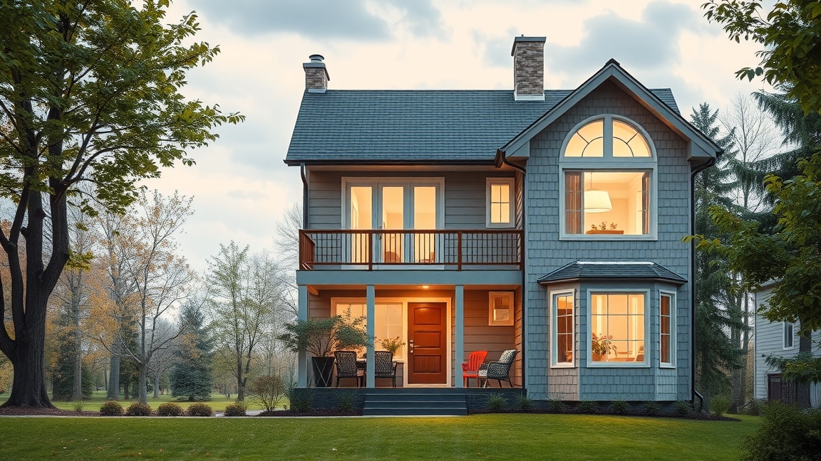 Modern ház cirádával, világos ablakokkal és erkélye