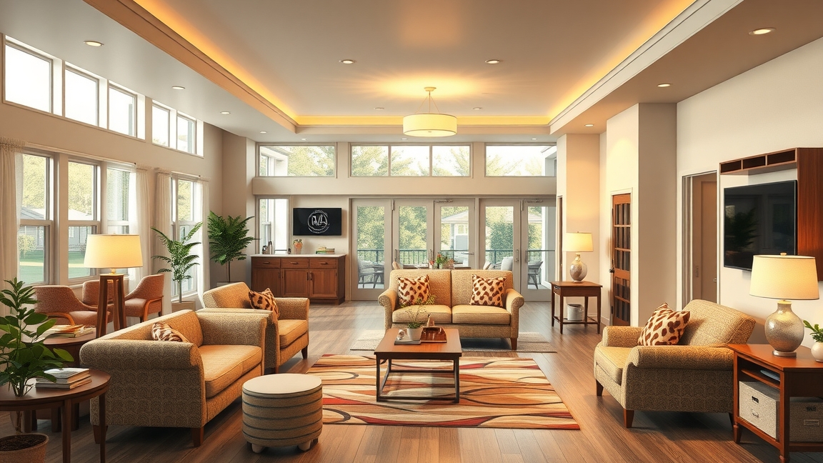 Kényelmes nappali idősek otthonában, világos belső tér