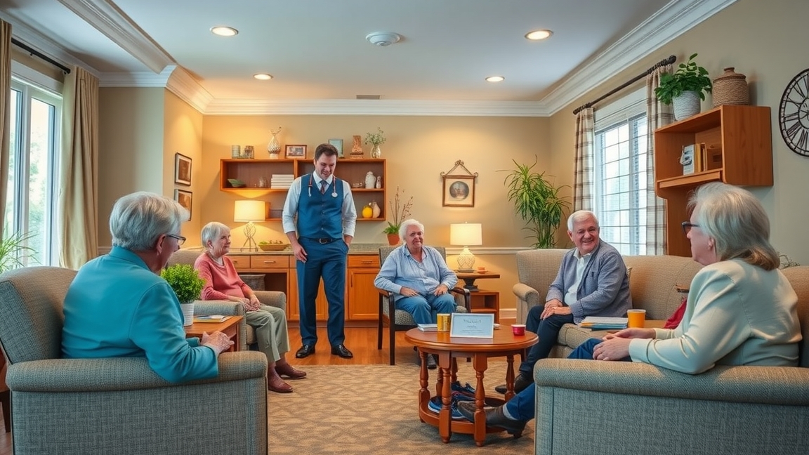 Idősek otthona közösségi szobájában tartózkodó idősek és személyzet