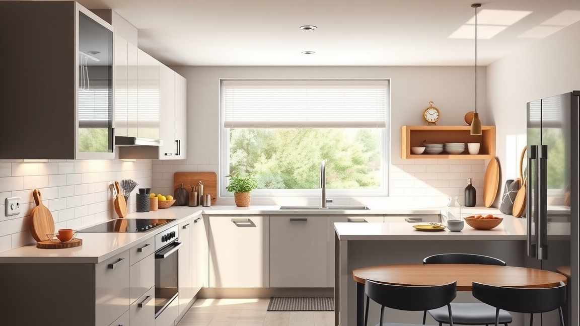 Modern IKEA konyha világos berendezéssel és étkezővel.