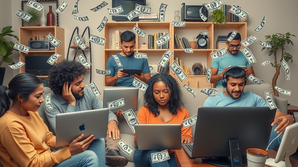 Fiatalok internetről dolgoznak, pénzszórás közben.