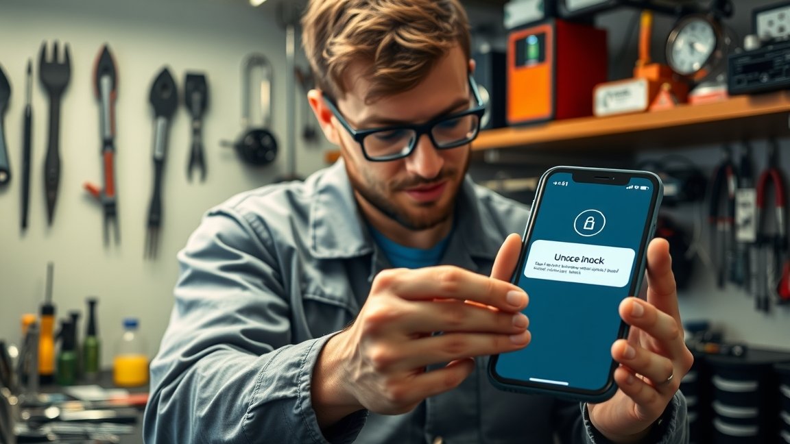 Férfi iPhone-t függetlenít a műhelyben, a háttérben szerszámok.