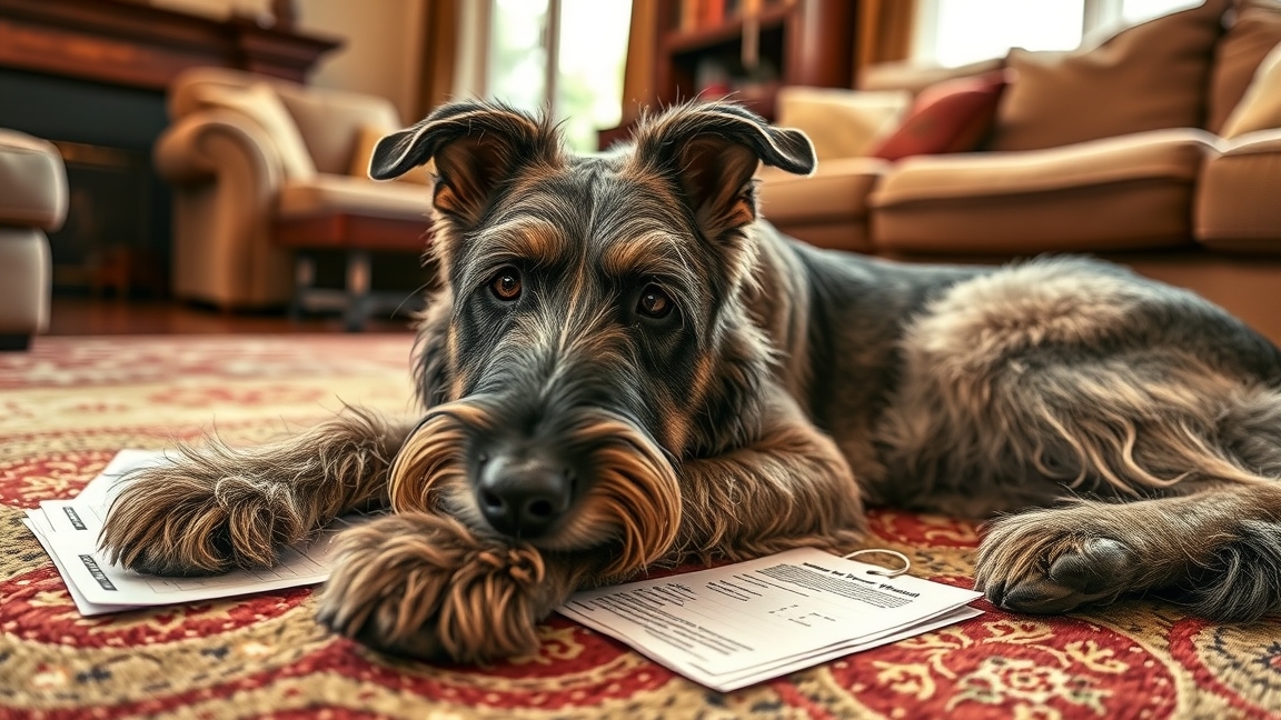 Egy ír farkaskutya pihen az otthon kényelmében, dokumentumokkal a padlón.