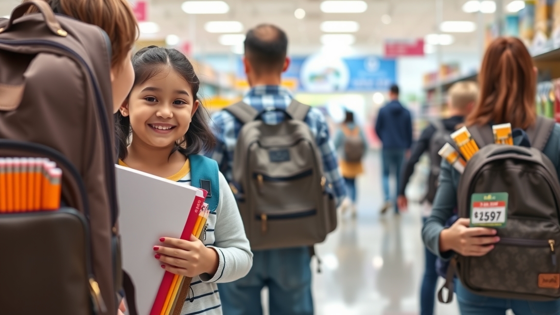 Gyerekek iskolakezdéshez szükséges tanszerekkel a boltban.