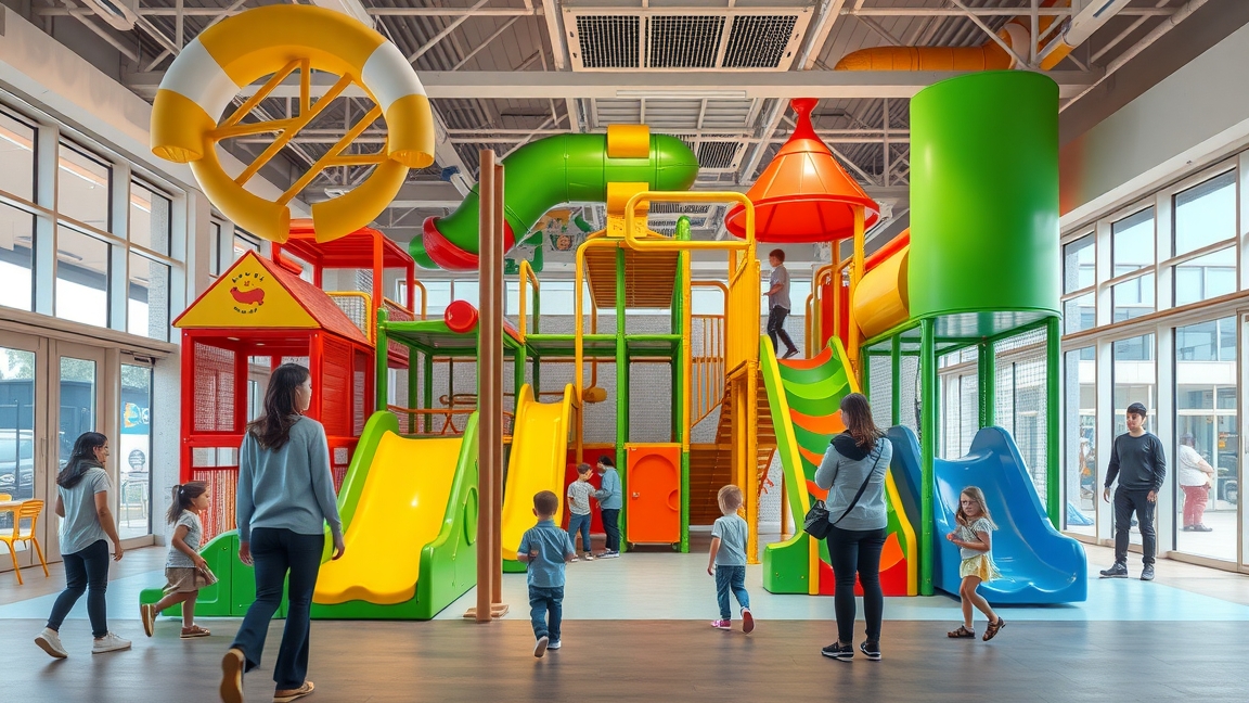 Színes játszóház gyerekeknek, csúszdák és mászófalak.