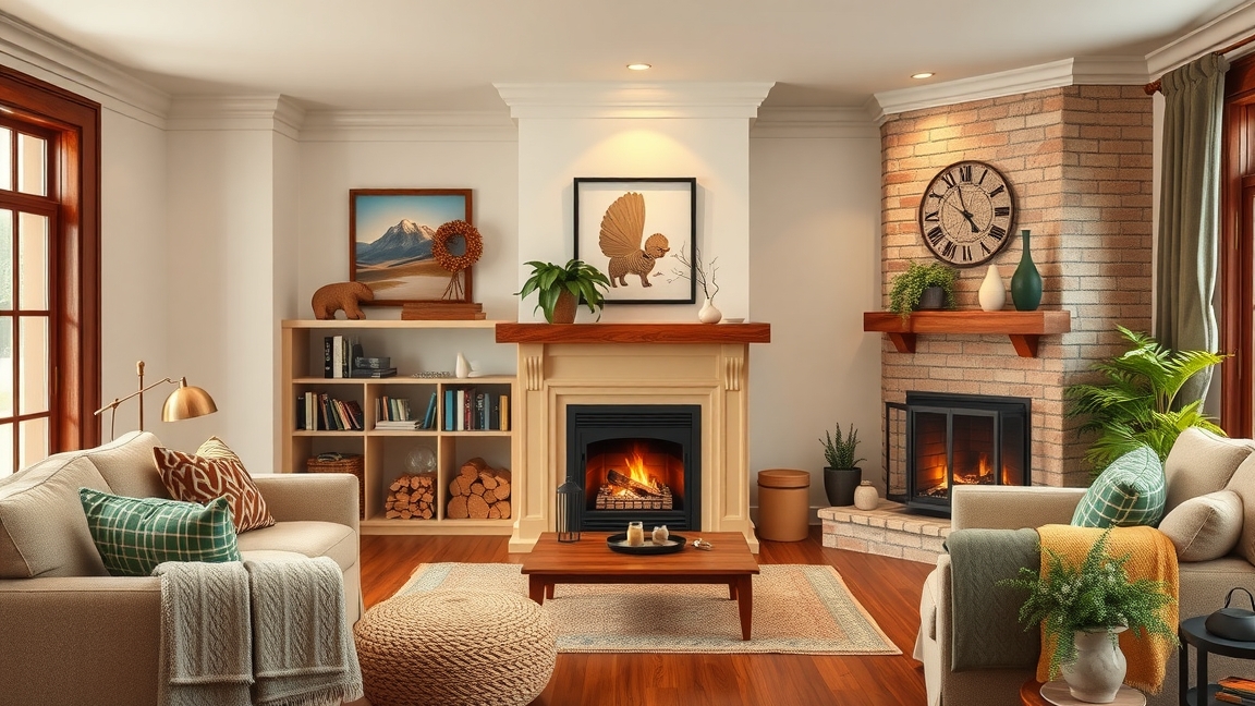Modern kandalló a nappaliban, kényelmes bútorokkal és meleg hangulattal.