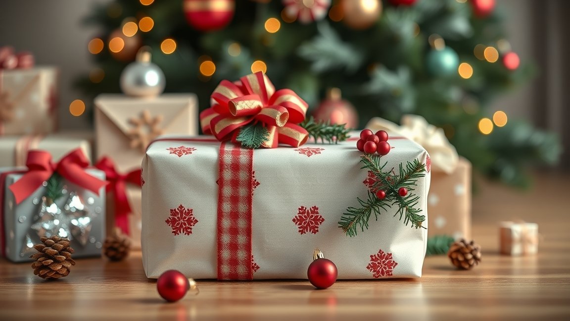 Karácsonyi ajándékcsomag ünnepi díszítéssel