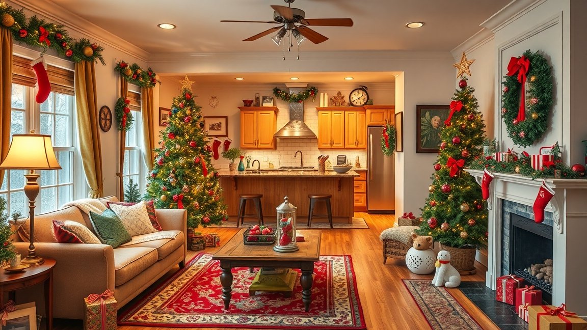 Karácsonyi dekorációval díszített lakás karácsonyfa és ünnepi hangulat.