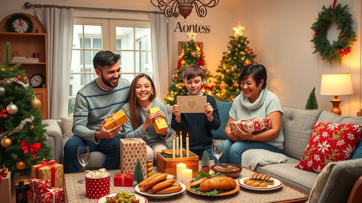 Egy boldog négytagú család ajándékokat bontogat az ünnepi karácsonyi asztalnál.