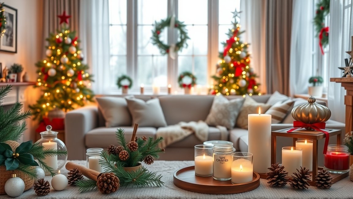 Karácsonyi lakásillatosítás gyertyák, díszek és fenyőágak között.