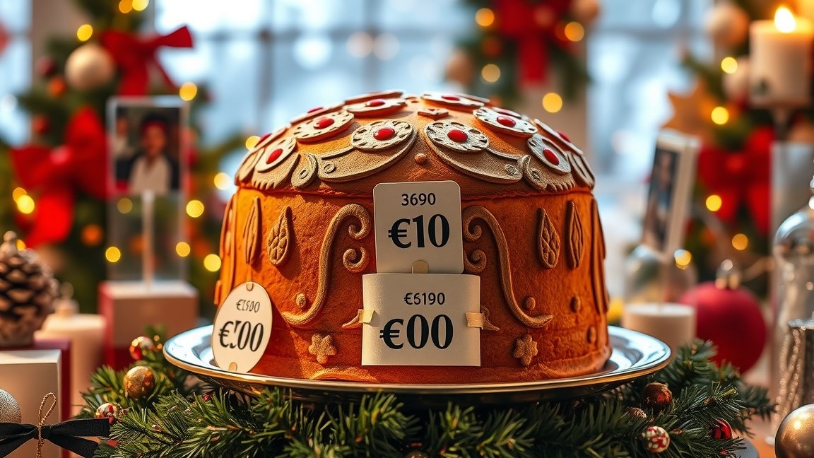 Karácsonyi panettone árazás egy ünnepi dekorációval.