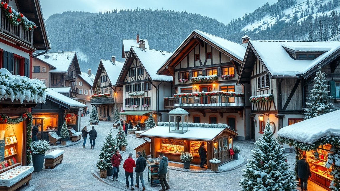 Adventi vásár festői osztrák faluban havas tájban