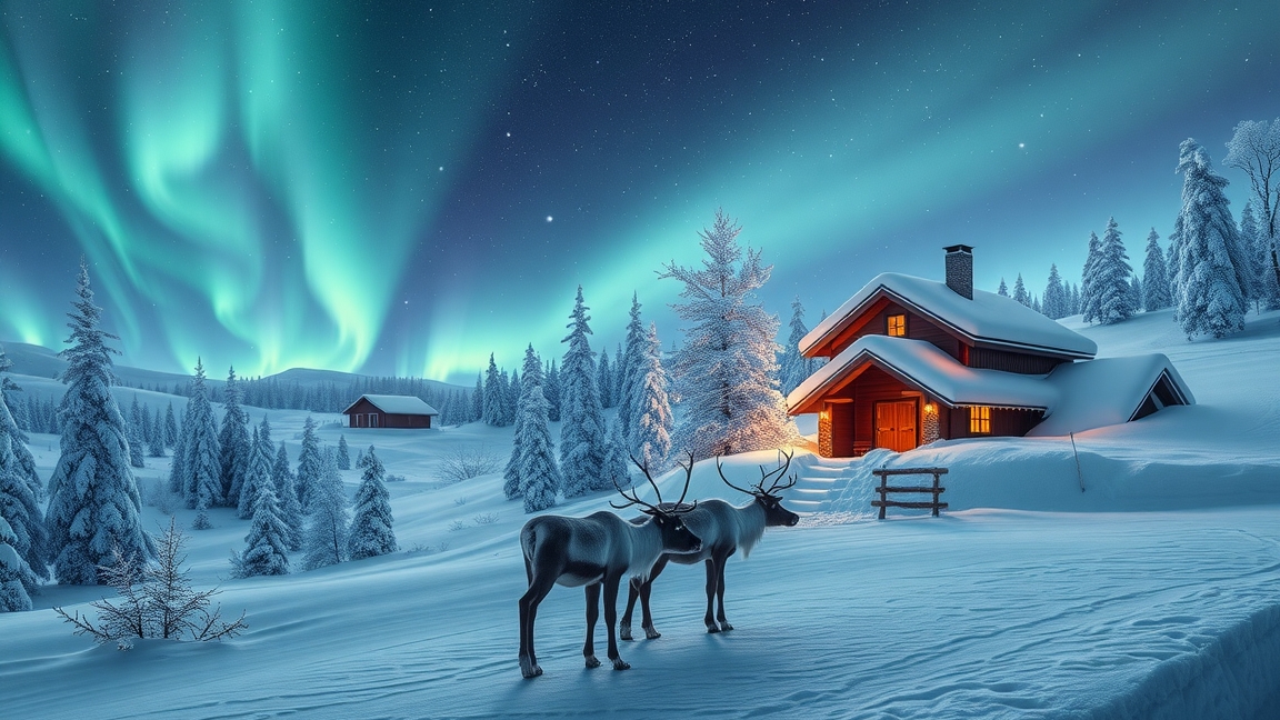 Mesés téli táj Lappföldön, rénszarvasokkal és északi fényekkel.